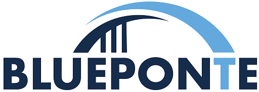 Blueponte Logo mit stilisierter Brücke in Dunkelblau und Hellblau als Symbol für Service Integration, IT Service Management und die Verbindung von Organisationen, Providern und IT-Systemen.